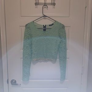 Women’s Long Sleeve Crop Top Baby Green Lace